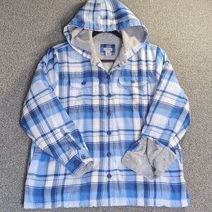 L.L. Bean Fleece Lined Hooded Flannel Jacket Size Small-Pet in Blue/White Plaid